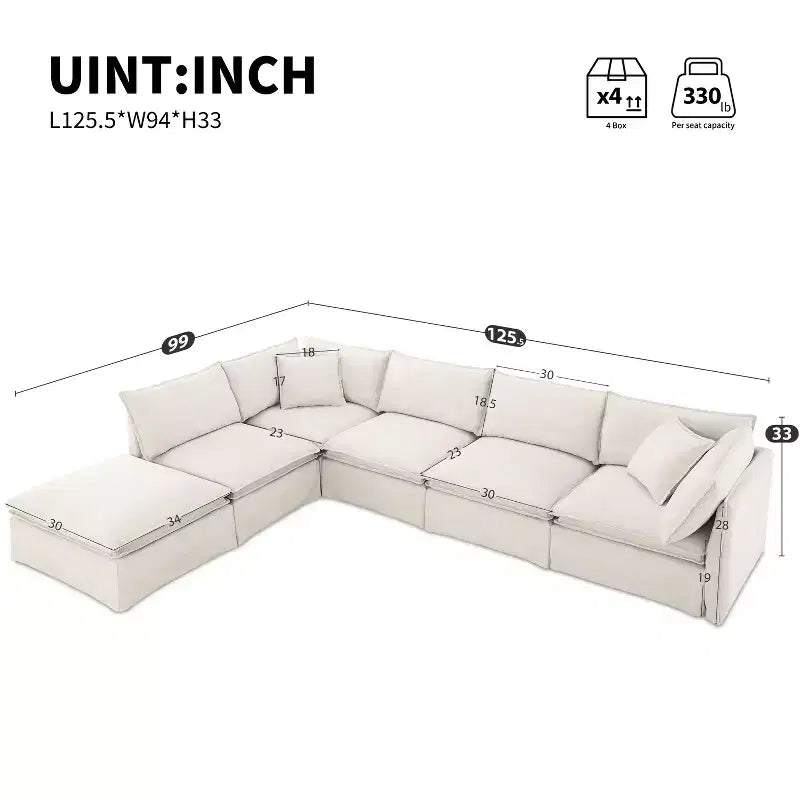Divano componibile a 6 posti Whisen 125.5 con pouf mobile, seduta ampia, tessuto ciniglia, combinazione libera per soggiorno, appartamento