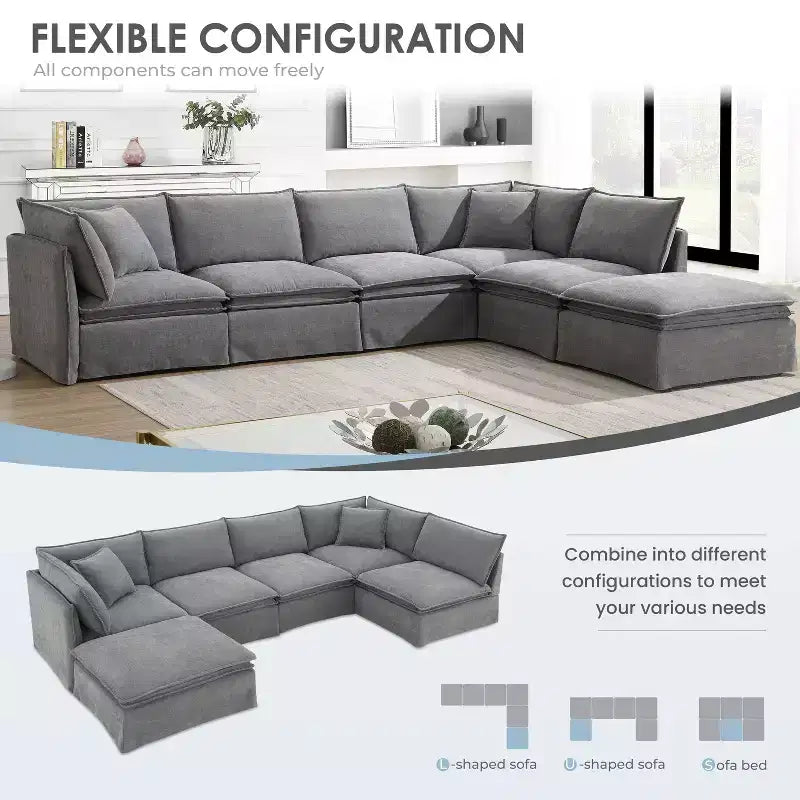 Divano componibile a 6 posti Whisen 125.5 con pouf mobile, seduta ampia, tessuto ciniglia, combinazione libera per soggiorno, appartamento