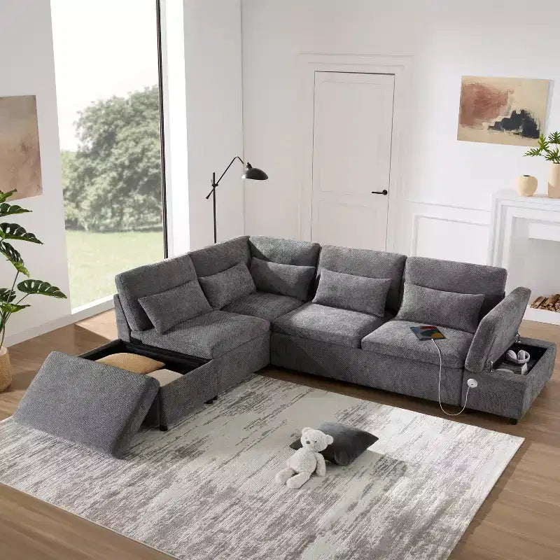 Divano letto componibile Whisen 270 - A L, 6 posti con pouf contenitore, divano in ciniglia, personalizzabile per soggiorno e appartamento