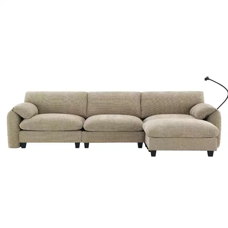 Canapé modulaire sectionnel en chenille rayée Whisen 108 en forme de L avec assise large, chargeurs USB/Type-C et pouf de rangement
