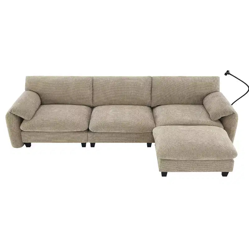 Canapé modulaire sectionnel en chenille rayée Whisen 108 en forme de L avec assise large, chargeurs USB/Type-C et pouf de rangement