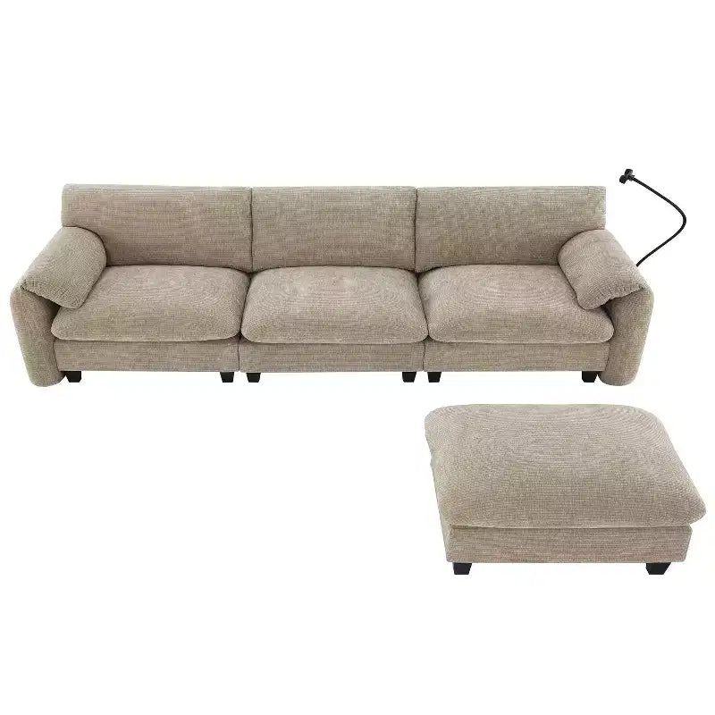 Canapé modulaire sectionnel en chenille rayée Whisen 108 en forme de L avec assise large, chargeurs USB/Type-C et pouf de rangement