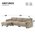 Canapé modulaire sectionnel en chenille rayée Whisen 108 en forme de L avec assise large, chargeurs USB/Type-C et pouf de rangement