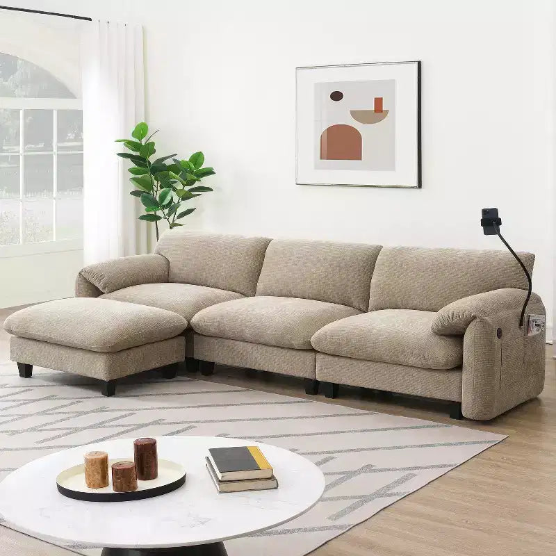 Canapé modulaire sectionnel en chenille rayée Whisen 108 en forme de L avec assise large, chargeurs USB/Type-C et pouf de rangement