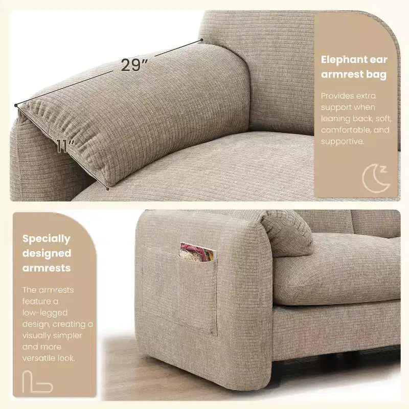 Canapé modulaire sectionnel en chenille rayée Whisen 108 en forme de L avec assise large, chargeurs USB/Type-C et pouf de rangement