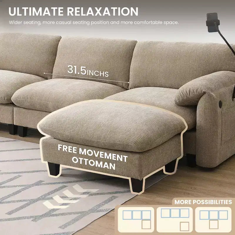 Divano componibile a L Whisen 108 in ciniglia a righe con seduta ampia, caricabatterie USB/Type-C e pouf contenitore
