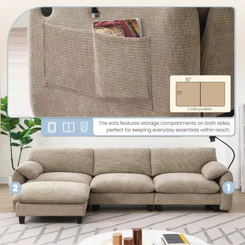 Divano componibile a L Whisen 108 in ciniglia a righe con seduta ampia, caricabatterie USB/Type-C e pouf contenitore