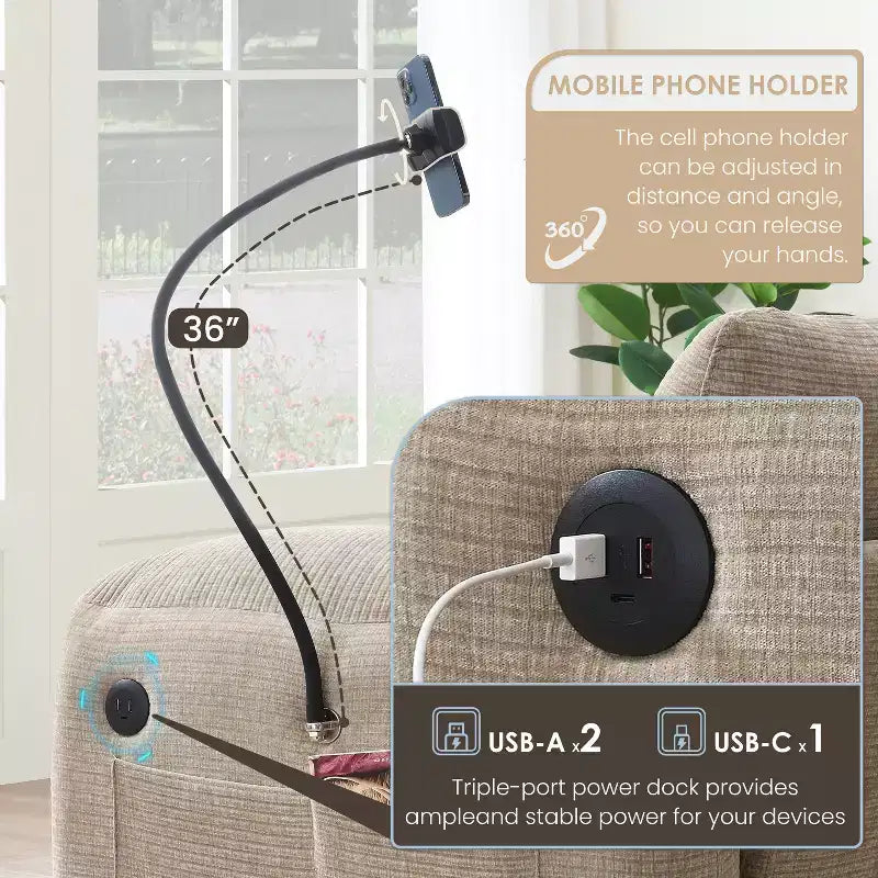 Canapé modulaire sectionnel en chenille rayée Whisen 108 en forme de L avec assise large, chargeurs USB/Type-C et pouf de rangement