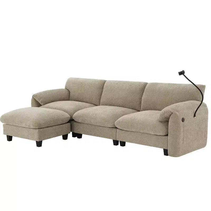 Canapé modulaire sectionnel en chenille rayée Whisen 108 en forme de L avec assise large, chargeurs USB/Type-C et pouf de rangement