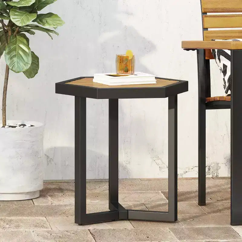Christopher Knight Home Nahanni Outdoor Industrial Acacia Wood and Iron Side Table, Teak/Black