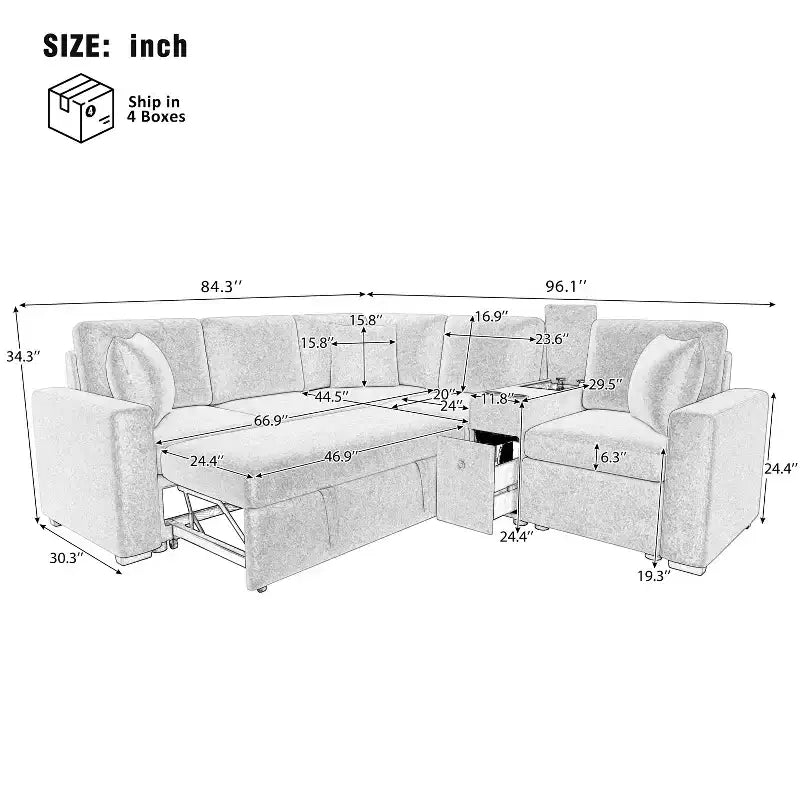 Divano letto a L modulare da 120,5" con letto estraibile, contenitore e portabicchieri, sezionale reversibile per soggiorno moderno