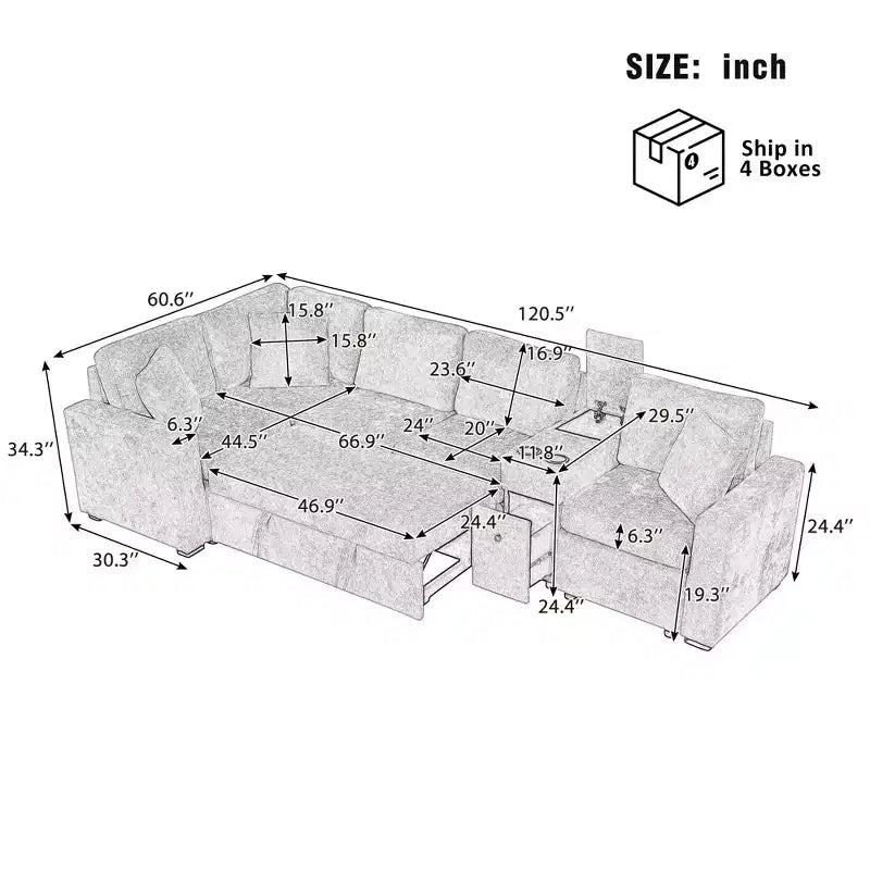 Divano letto a L modulare da 120,5" con letto estraibile, contenitore e portabicchieri, sezionale reversibile per soggiorno moderno