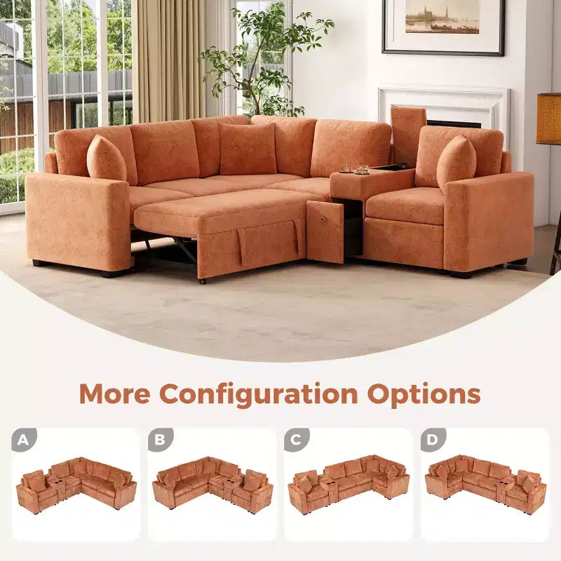 Divano letto a L modulare da 120,5" con letto estraibile, contenitore e portabicchieri, sezionale reversibile per soggiorno moderno