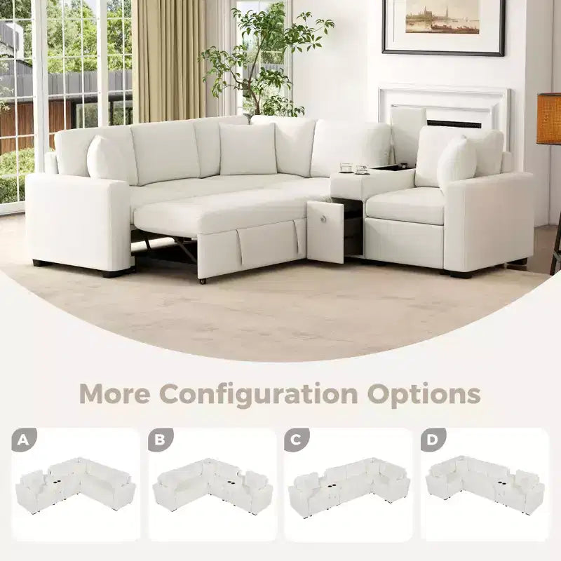 Divano letto a L modulare da 120,5" con letto estraibile, contenitore e portabicchieri, sezionale reversibile per soggiorno moderno