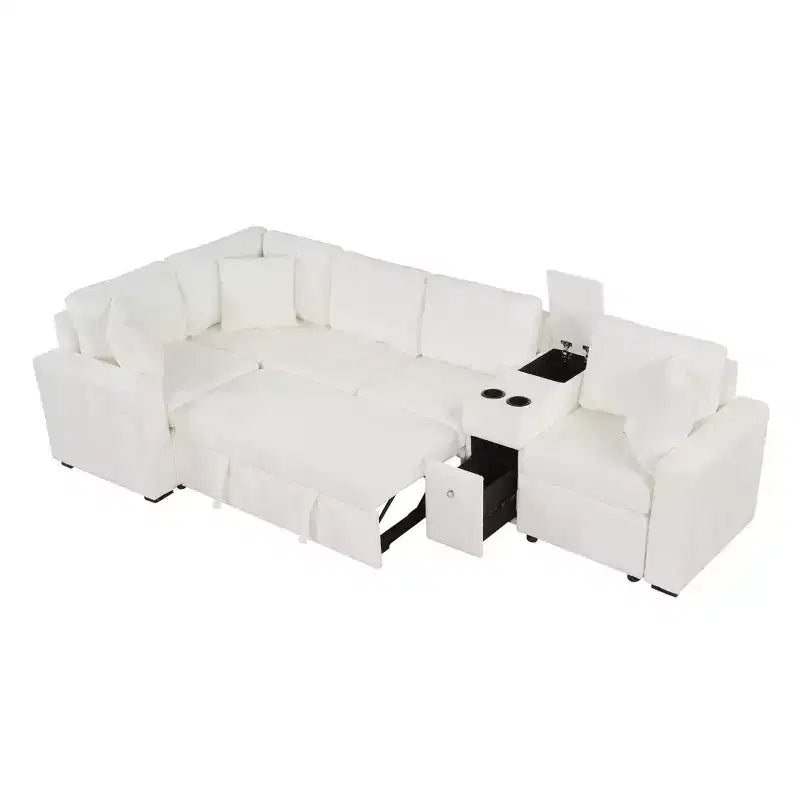 Divano letto a L modulare da 120,5" con letto estraibile, contenitore e portabicchieri, sezionale reversibile per soggiorno moderno