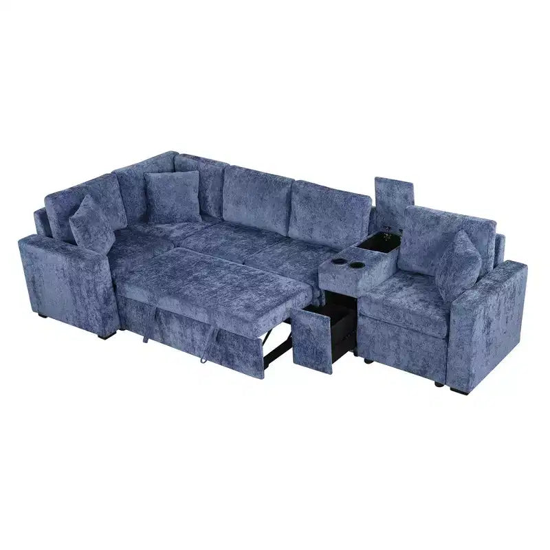 Divano letto a L modulare da 120,5" con letto estraibile, contenitore e portabicchieri, sezionale reversibile per soggiorno moderno