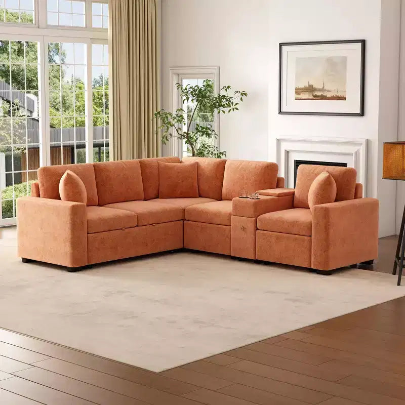 Divano letto a L modulare da 120,5" con letto estraibile, contenitore e portabicchieri, sezionale reversibile per soggiorno moderno