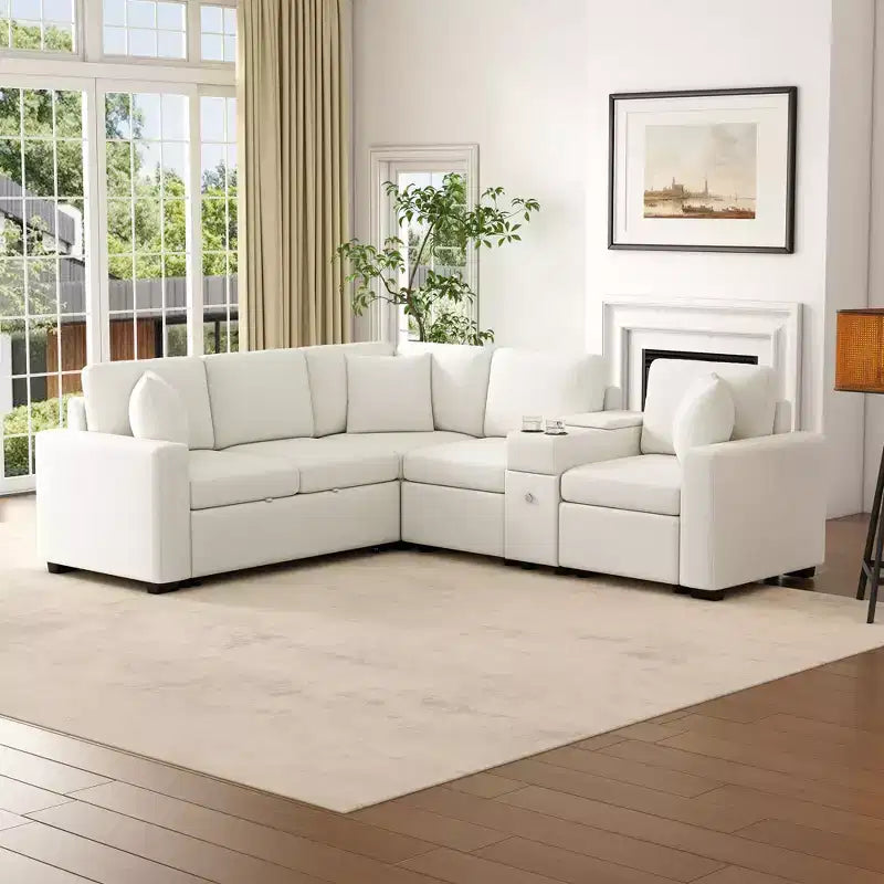 Divano letto a L modulare da 120,5" con letto estraibile, contenitore e portabicchieri, sezionale reversibile per soggiorno moderno