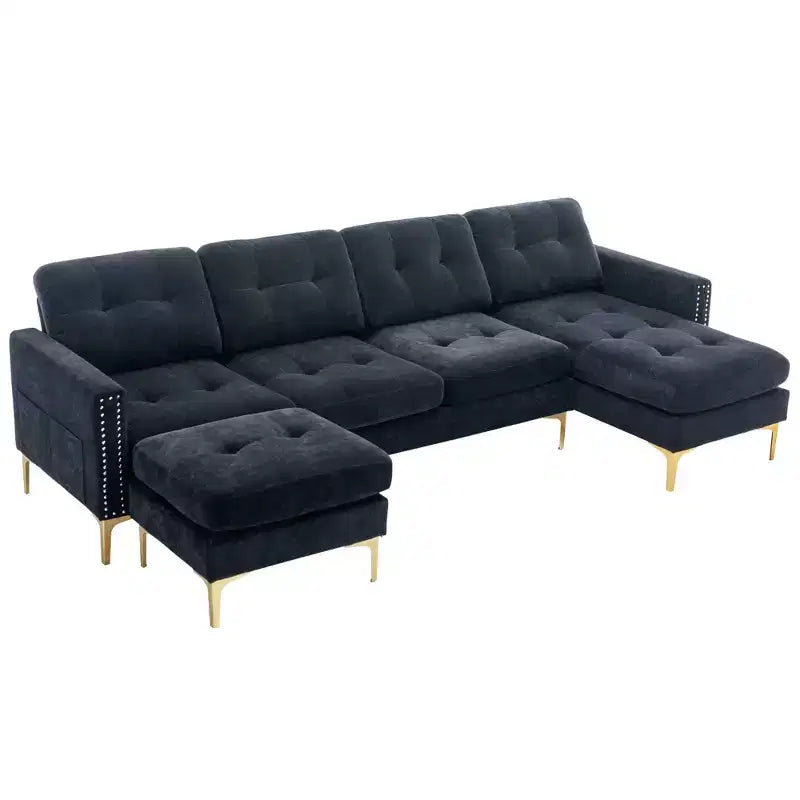 Divano componibile a L 110,6" con pouf - Rivestimento in velluto, tasche portaoggetti e configurazioni regolabili
