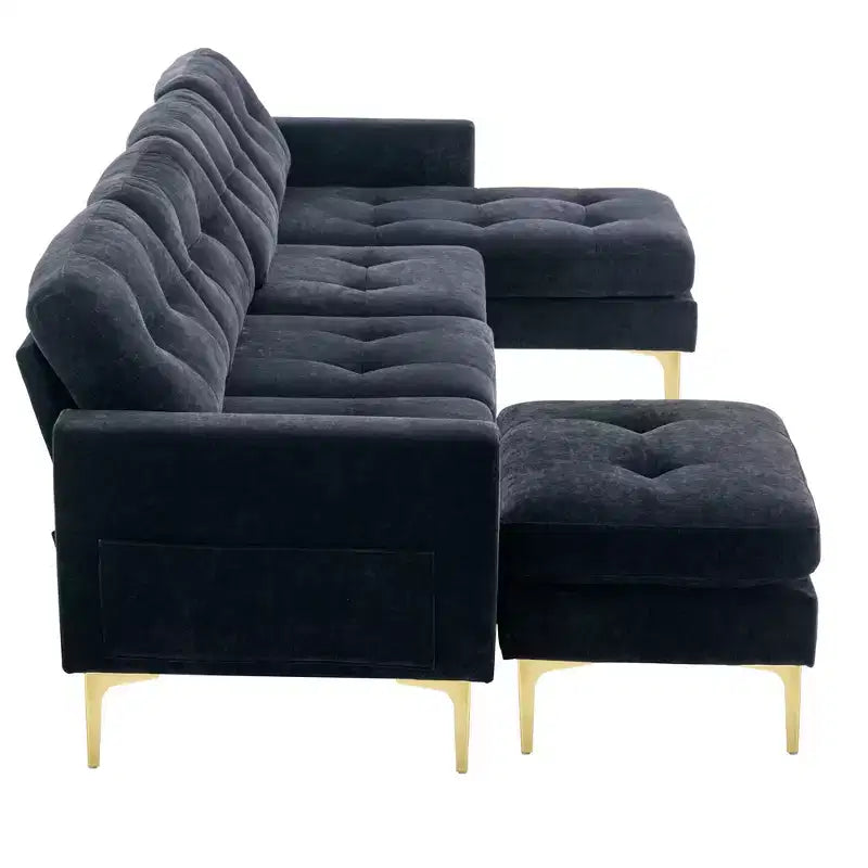 Divano componibile a L 110,6" con pouf - Rivestimento in velluto, tasche portaoggetti e configurazioni regolabili