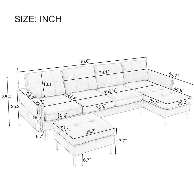 Divano componibile a L 110,6" con pouf - Rivestimento in velluto, tasche portaoggetti e configurazioni regolabili