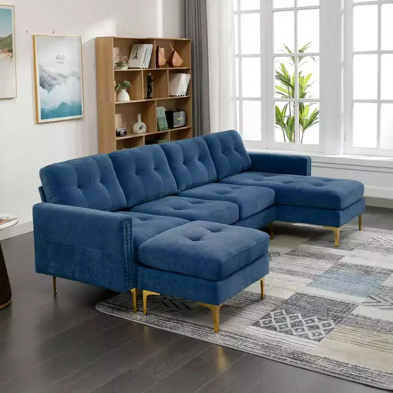 Divano componibile a L 110,6" con pouf - Rivestimento in velluto, tasche portaoggetti e configurazioni regolabili