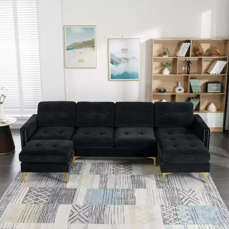 Divano componibile a L 110,6" con pouf - Rivestimento in velluto, tasche portaoggetti e configurazioni regolabili