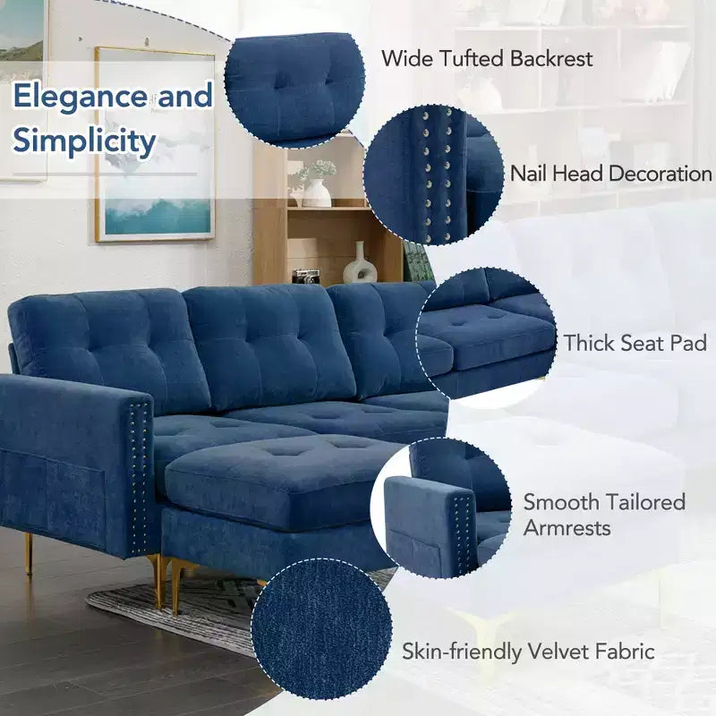 Divano componibile a L 110,6" con pouf - Rivestimento in velluto, tasche portaoggetti e configurazioni regolabili