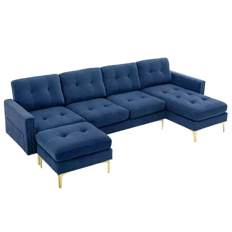 Divano componibile a L 110,6" con pouf - Rivestimento in velluto, tasche portaoggetti e configurazioni regolabili