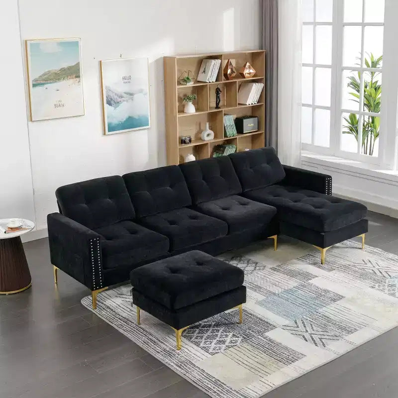 Divano componibile a L 110,6" con pouf - Rivestimento in velluto, tasche portaoggetti e configurazioni regolabili