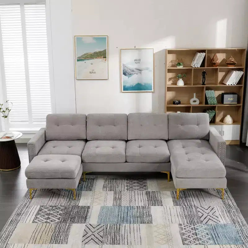 Divano componibile a L 110,6" con pouf - Rivestimento in velluto, tasche portaoggetti e configurazioni regolabili
