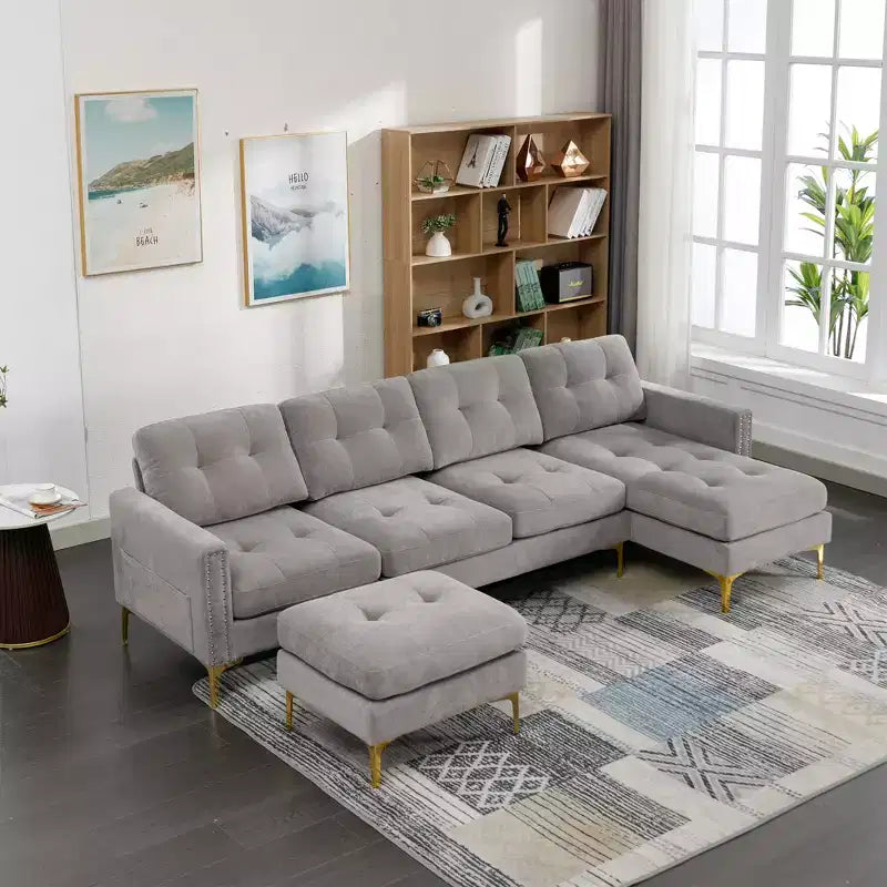 Divano componibile a L 110,6" con pouf - Rivestimento in velluto, tasche portaoggetti e configurazioni regolabili