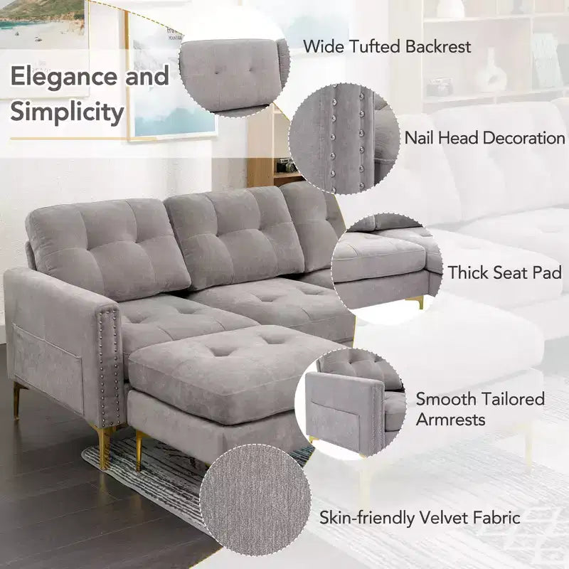 Divano componibile a L 110,6" con pouf - Rivestimento in velluto, tasche portaoggetti e configurazioni regolabili