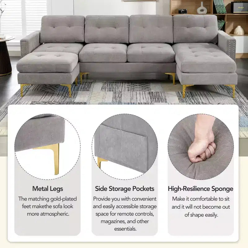 Divano componibile a L 110,6" con pouf - Rivestimento in velluto, tasche portaoggetti e configurazioni regolabili