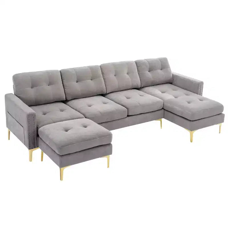 Divano componibile a L 110,6" con pouf - Rivestimento in velluto, tasche portaoggetti e configurazioni regolabili