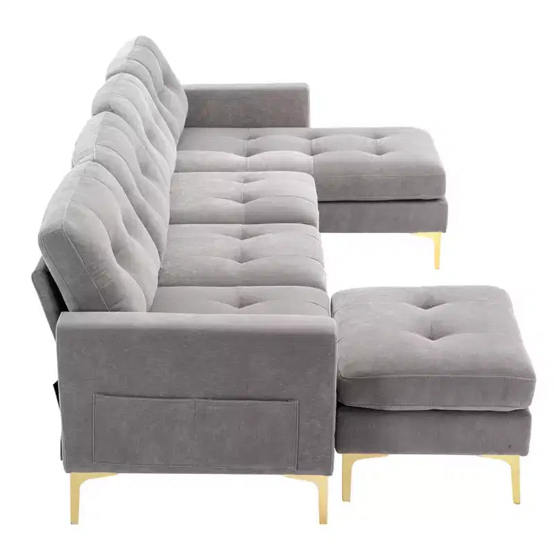 Divano componibile a L 110,6" con pouf - Rivestimento in velluto, tasche portaoggetti e configurazioni regolabili