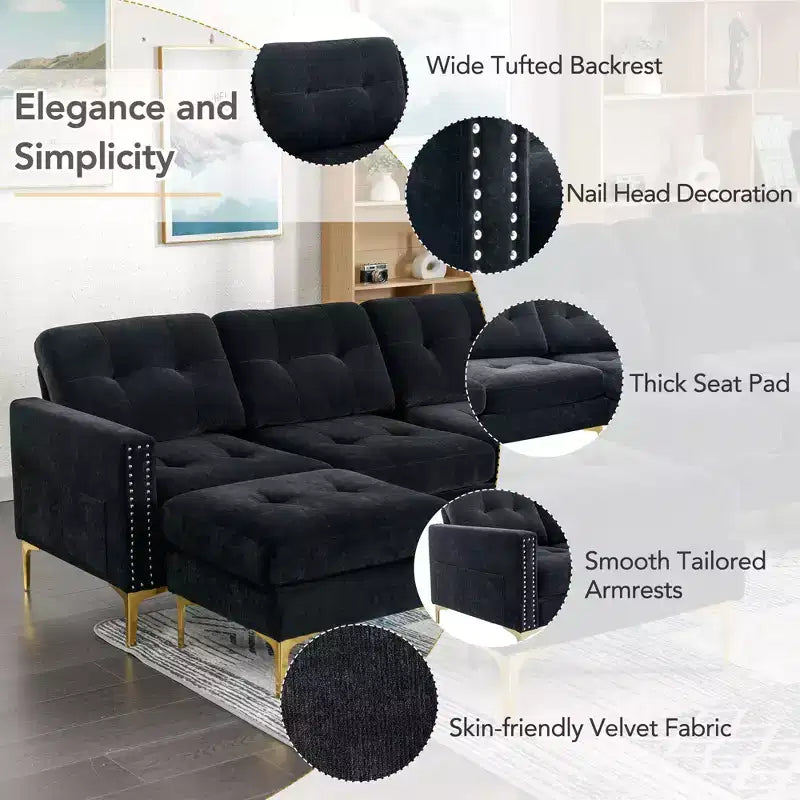 Divano componibile a L 110,6" con pouf - Rivestimento in velluto, tasche portaoggetti e configurazioni regolabili