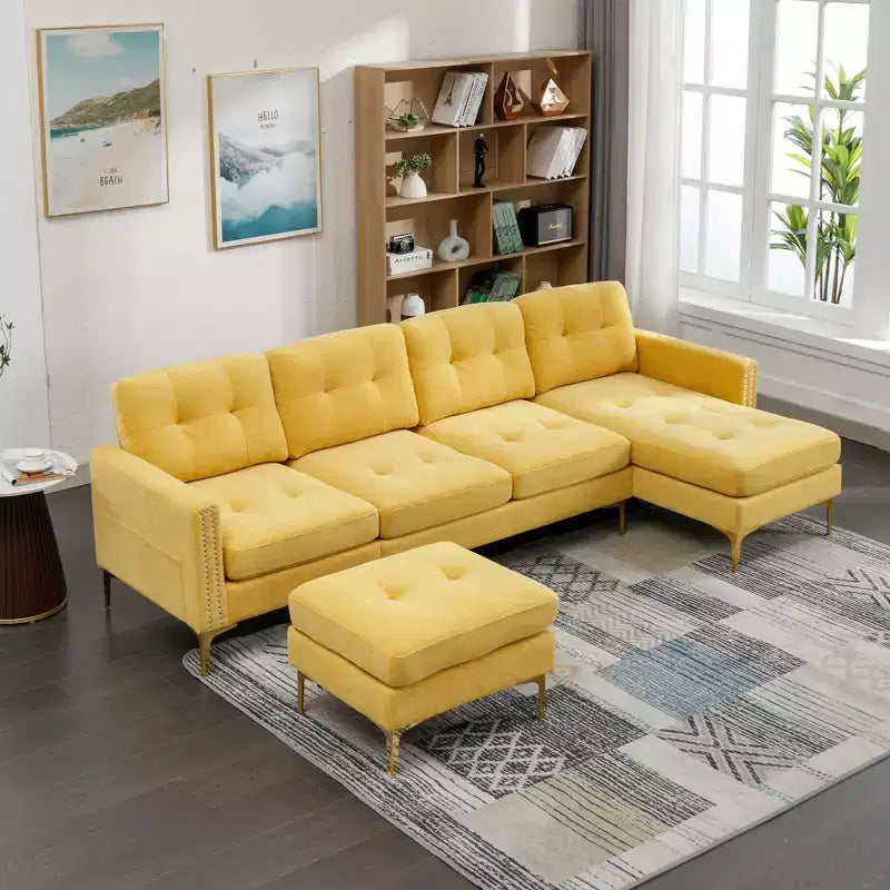 Divano componibile a L 110,6" con pouf - Rivestimento in velluto, tasche portaoggetti e configurazioni regolabili