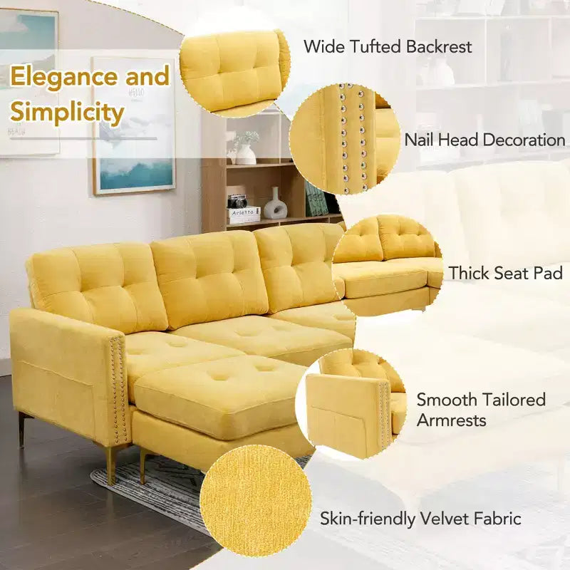 Divano componibile a L 110,6" con pouf - Rivestimento in velluto, tasche portaoggetti e configurazioni regolabili