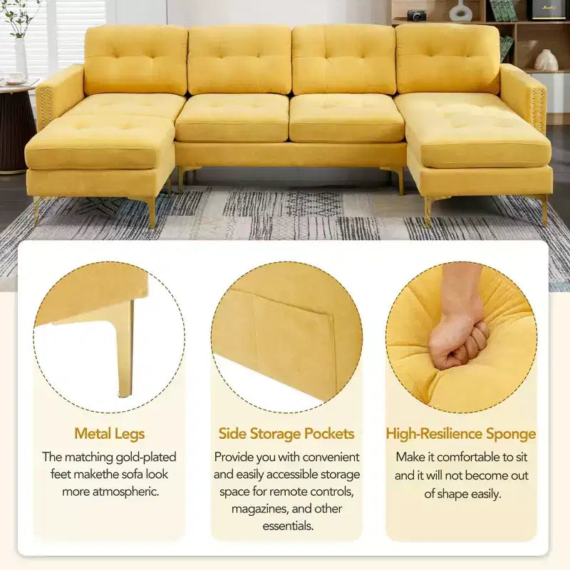 Divano componibile a L 110,6" con pouf - Rivestimento in velluto, tasche portaoggetti e configurazioni regolabili