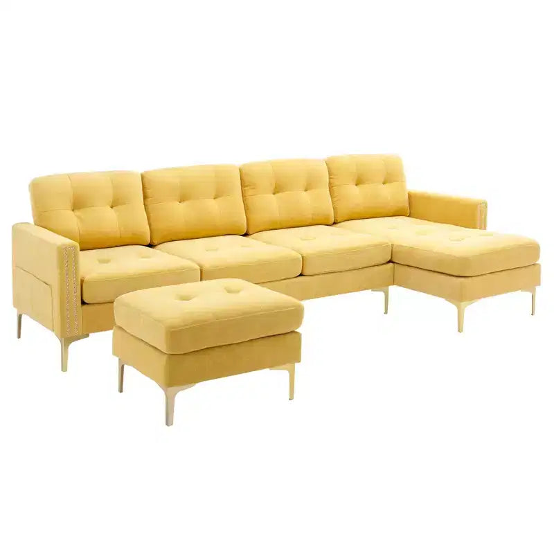 Divano componibile a L 110,6" con pouf - Rivestimento in velluto, tasche portaoggetti e configurazioni regolabili