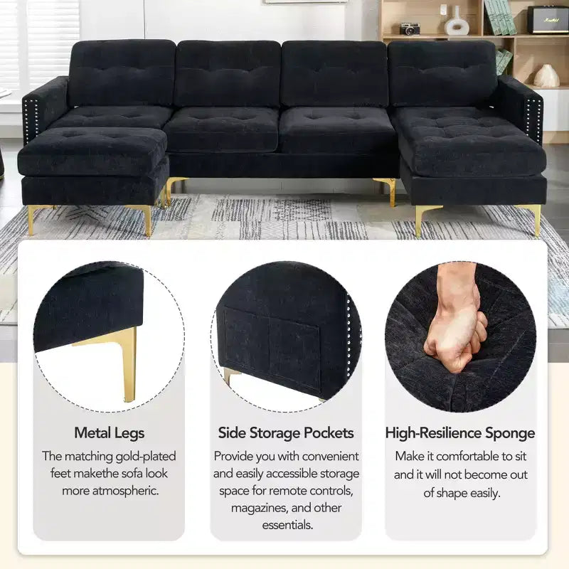 Divano componibile a L 110,6" con pouf - Rivestimento in velluto, tasche portaoggetti e configurazioni regolabili