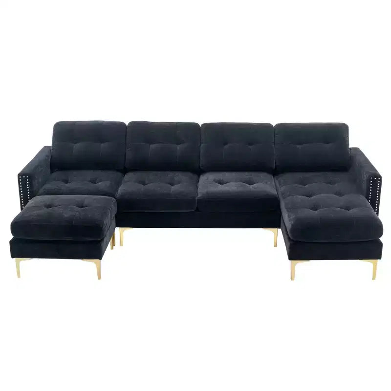 Divano componibile a L 110,6" con pouf - Rivestimento in velluto, tasche portaoggetti e configurazioni regolabili