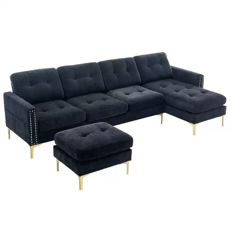Divano componibile a L 110,6" con pouf - Rivestimento in velluto, tasche portaoggetti e configurazioni regolabili