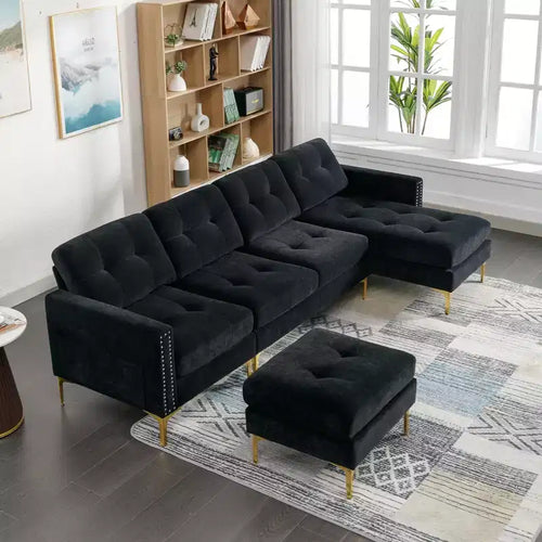 110.6 L-Shape Convertible Sectional Sofa with Ottoman - Velvet Upholstered, Storage Pockets & Adjustable Configurations