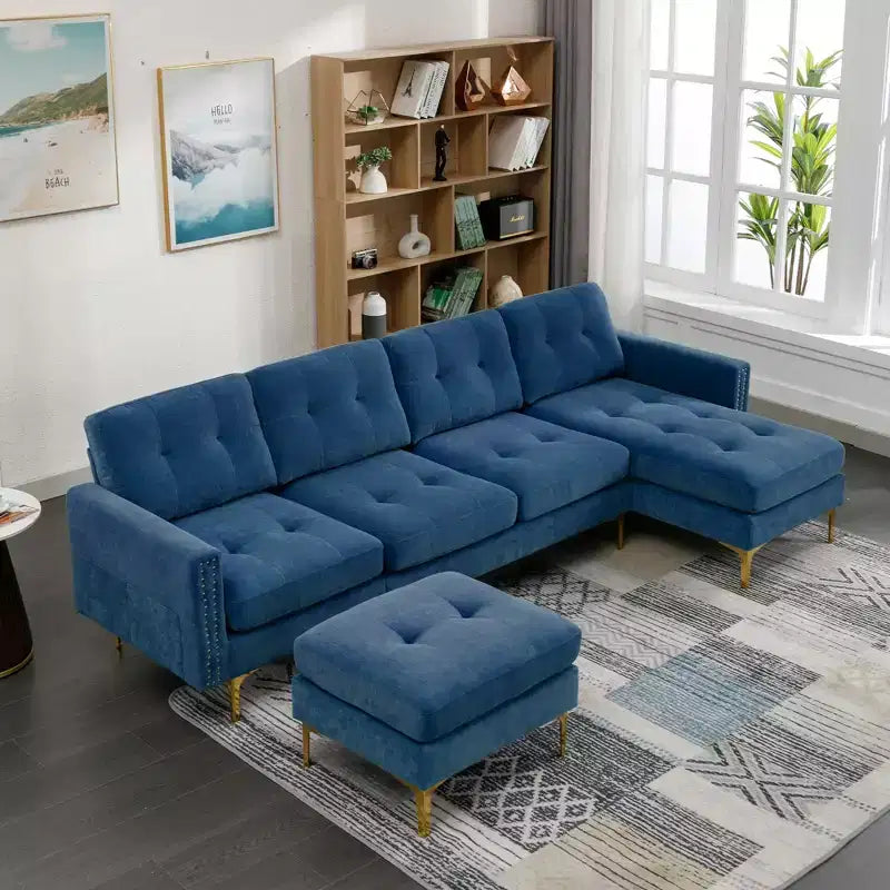 Divano componibile a L 110,6" con pouf - Rivestimento in velluto, tasche portaoggetti e configurazioni regolabili