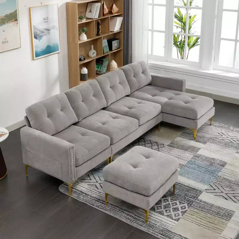 Divano componibile a L 110,6" con pouf - Rivestimento in velluto, tasche portaoggetti e configurazioni regolabili