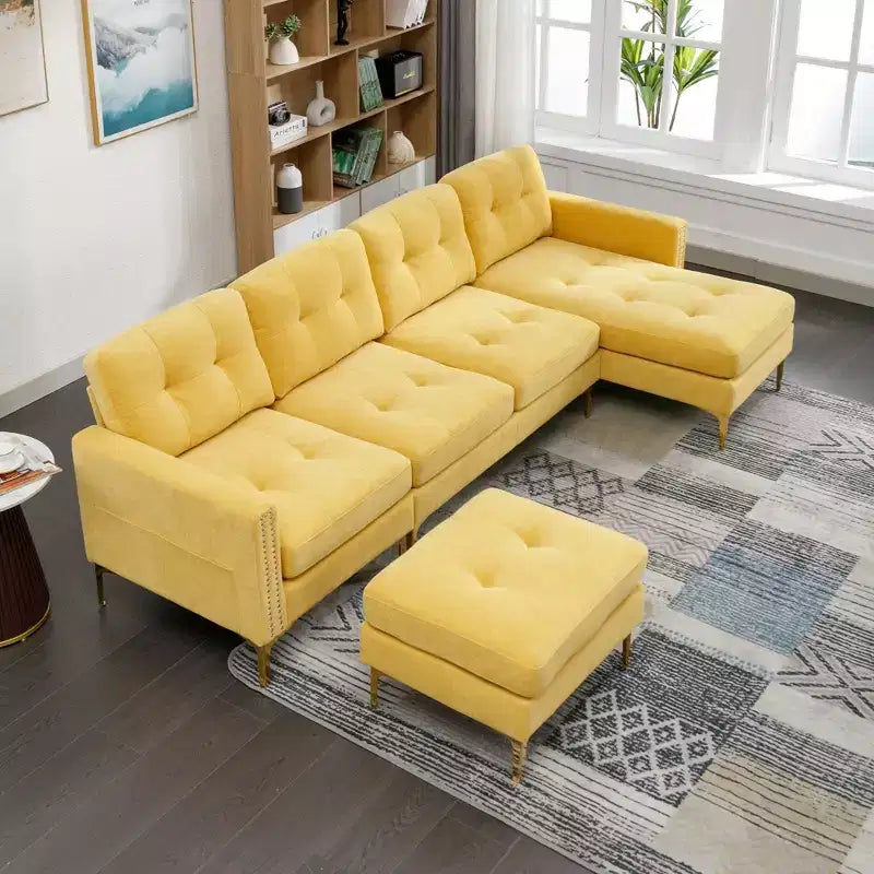 Divano componibile a L 110,6" con pouf - Rivestimento in velluto, tasche portaoggetti e configurazioni regolabili