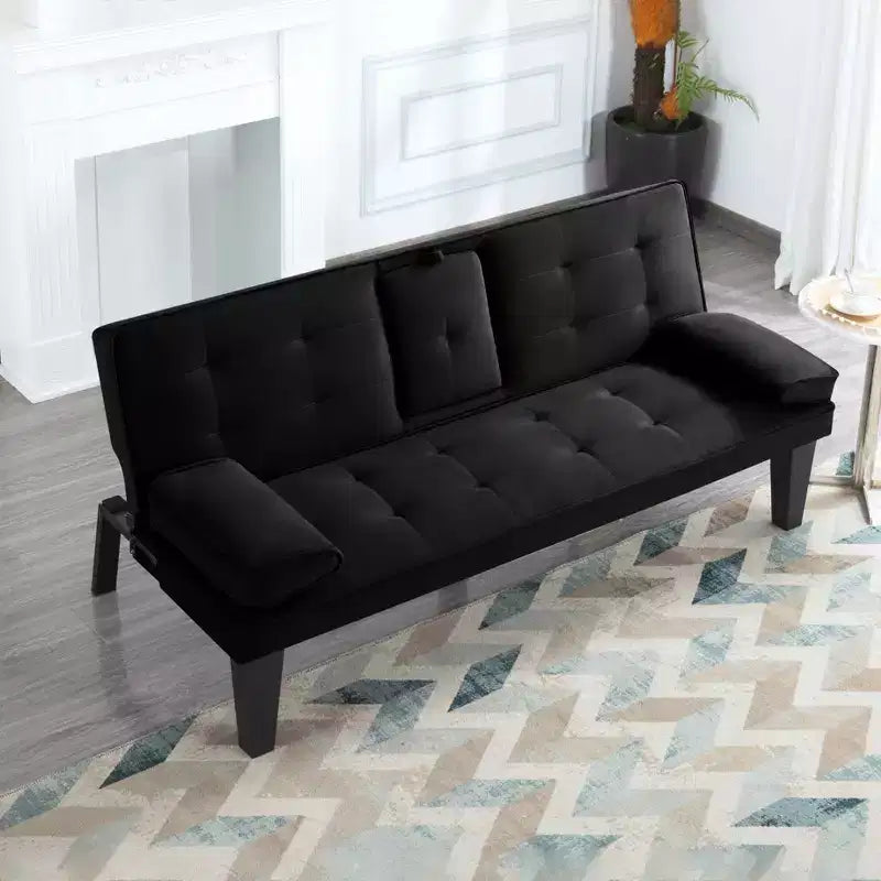 MAYEERTY 65 Futon Sleeper Sofa Bed with Cup Holders & 3-Position Adjustable Backrest