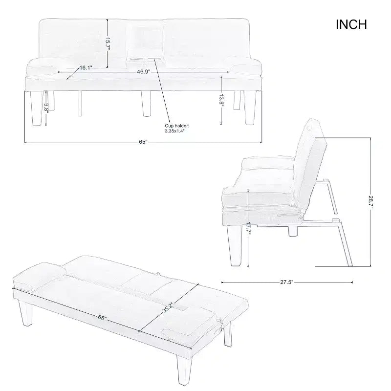 MAYEERTY 65 Divano Letto Futon con Portabicchieri e Schienale Regolabile in 3 Posizioni